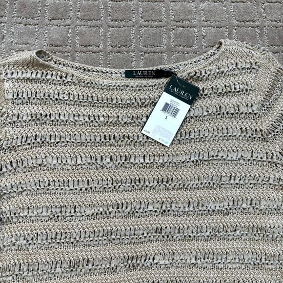 Ralph Lauren Linen Blend Sweater Beige Large Boatneck L/S Top Open Knit NWT - Picture 3 of 6
